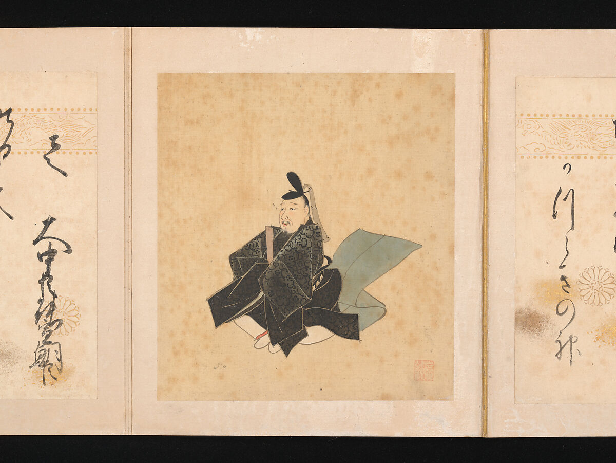 Portraits and Poems of the Thirty-six Poetic Immortals, Sumiyoshi Gukei (Japanese, 1631–1705), Album of thirty-six paintings and thirty-six poems; ink, color and gold on silk and paper, Japan