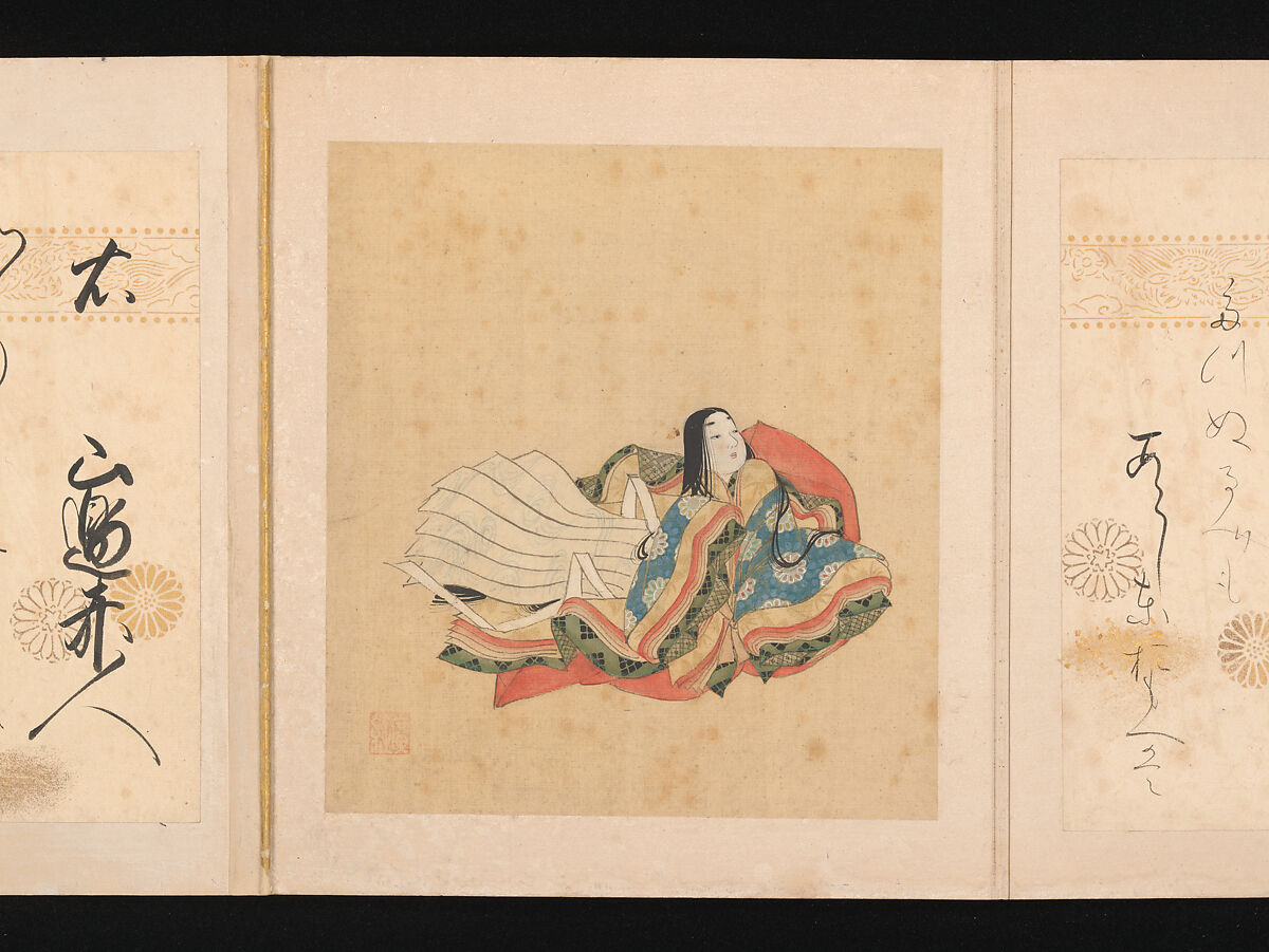 Portraits and Poems of the Thirty-six Poetic Immortals, Sumiyoshi Gukei (Japanese, 1631–1705), Album of thirty-six paintings and thirty-six poems; ink, color and gold on silk and paper, Japan