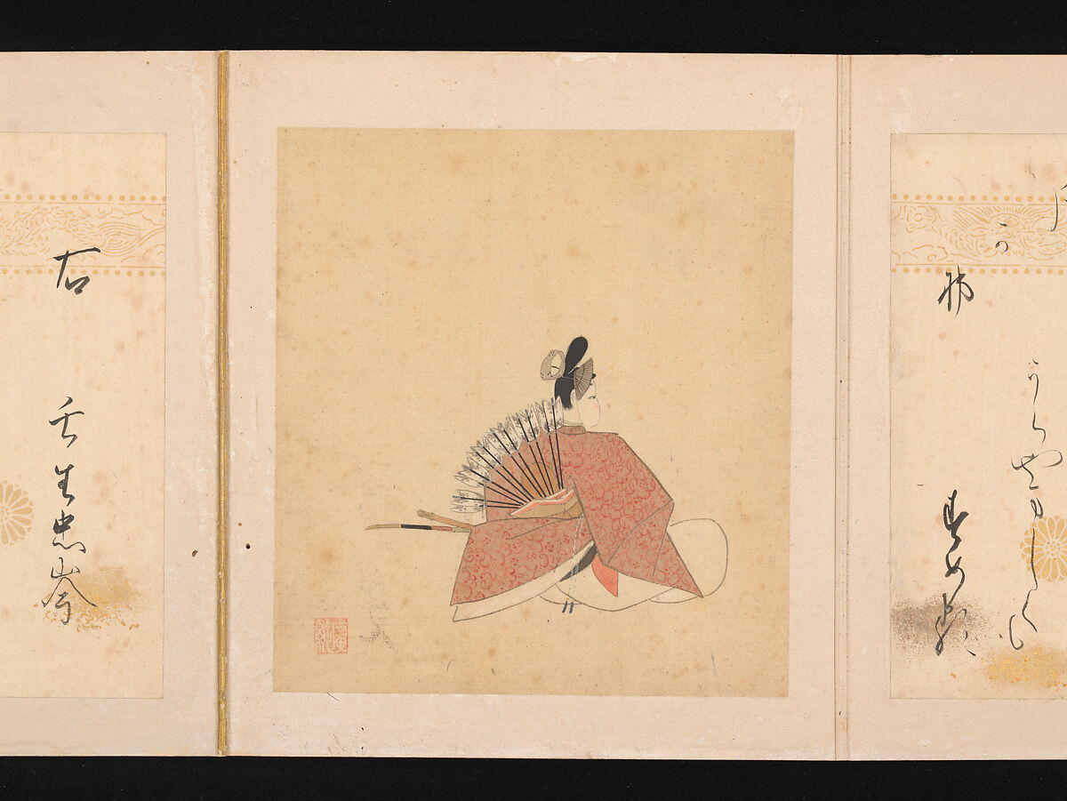 Portraits and Poems of the Thirty-six Poetic Immortals, Sumiyoshi Gukei (Japanese, 1631–1705), Album of thirty-six paintings and thirty-six poems; ink, color and gold on silk and paper, Japan