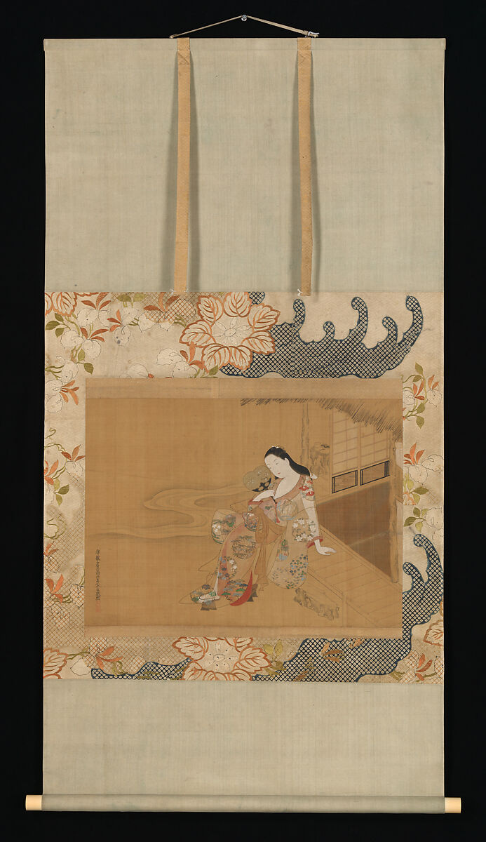 Courtesan Enjoying a Cool Summer
 Evening, Ogawa Haritsu (Ritsuō) (Japanese, 1663–1747), Hanging scroll; ink and color on silk, Japan