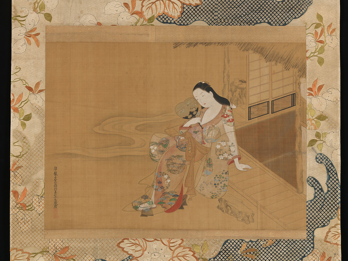 Courtesan Enjoying a Cool Summer
 Evening, Ogawa Haritsu (Ritsuō) (Japanese, 1663–1747), Hanging scroll; ink and color on silk, Japan 