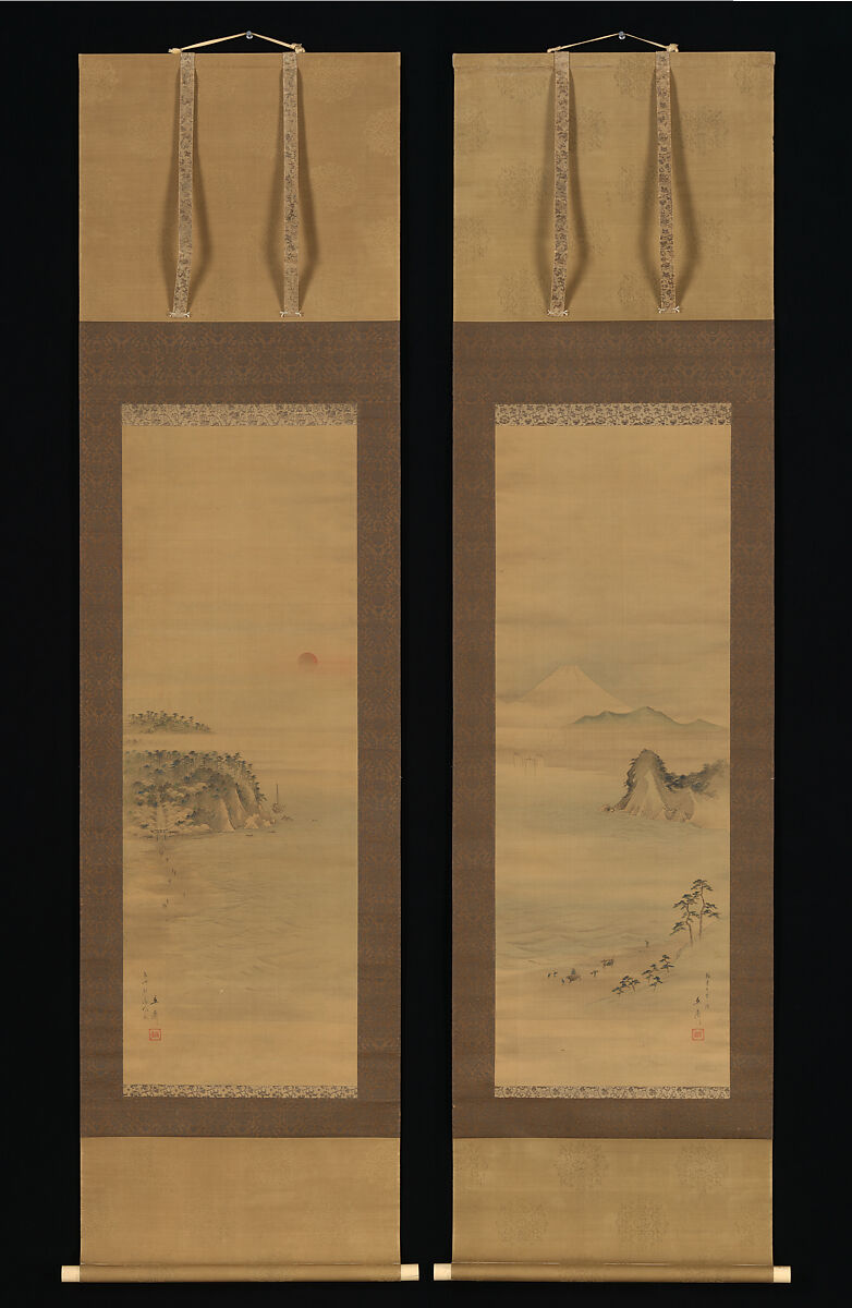 Shichirigahama and Enoshima, Utagawa Hiroshige (Japanese, Tokyo (Edo) 1797–1858 Tokyo (Edo)), Diptych of hanging scrolls; ink and color on silk, Japan 