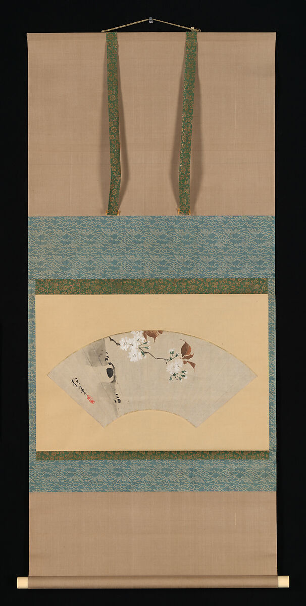 Cherry Blossoms, Sakai Hōitsu (Japanese, 1761–1828), Fan mounted as a hanging scroll; ink and color on paper, Japan