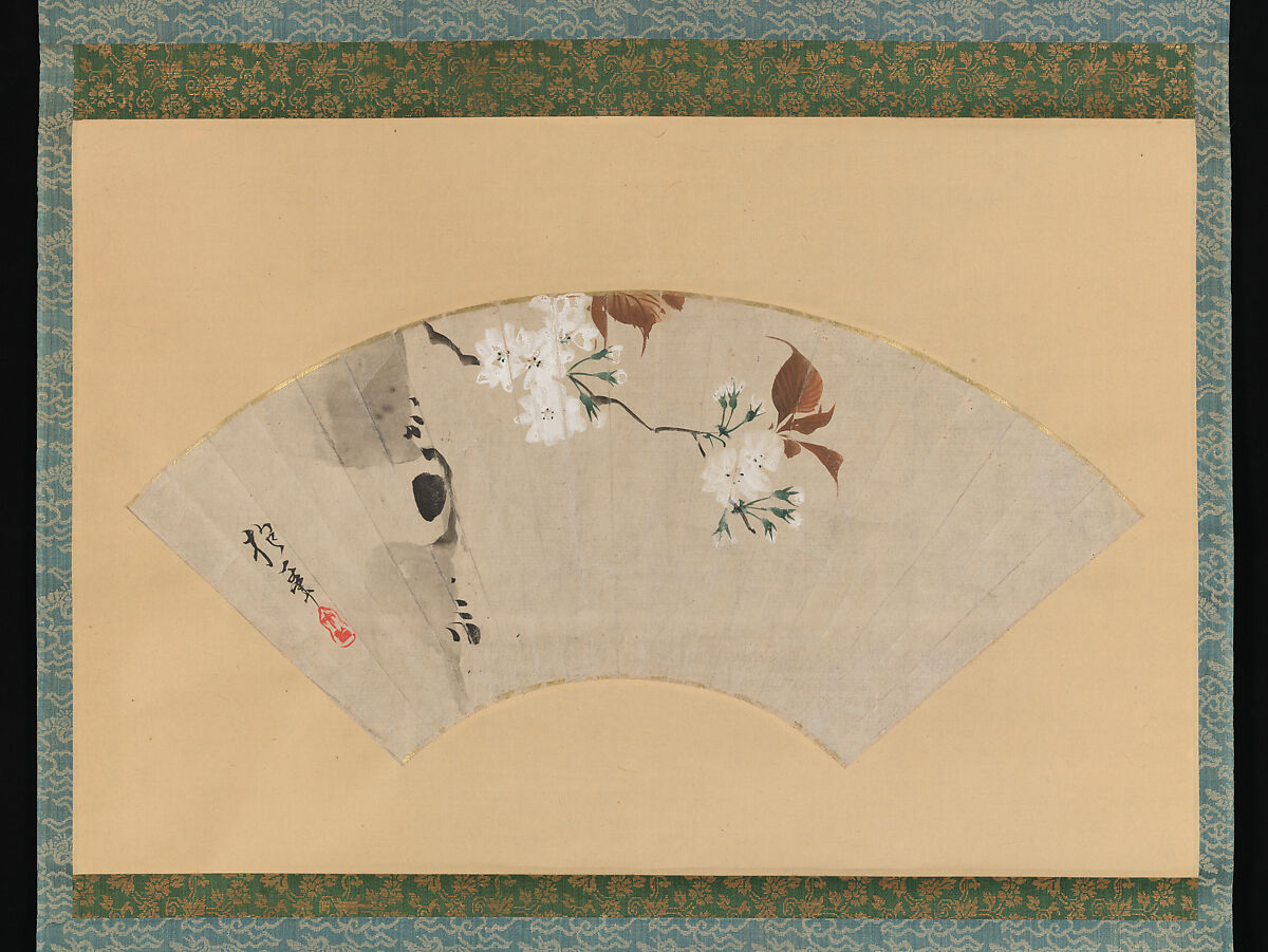 Cherry Blossoms, Sakai Hōitsu (Japanese, 1761–1828), Fan mounted as a hanging scroll; ink and color on paper, Japan 