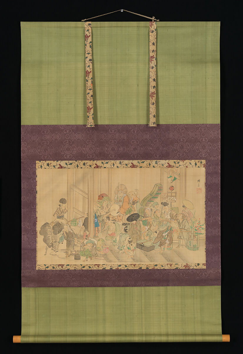 Taking Shelter from the Rain, Teisai Hokuba (Japanese, 1771–1844), Hanging scroll; ink and color on silk, Japan