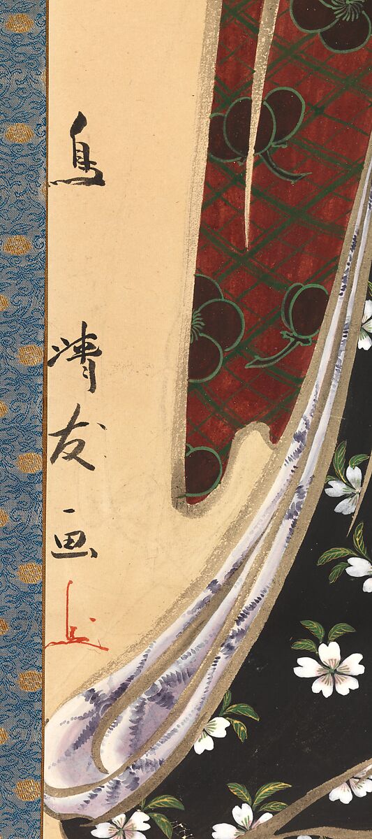 Woman with Battledore and Shuttlecock, Torii Kiyotomo (Japanese, active early 19th century), Hanging scroll; ink, color and gold on paper, Japan