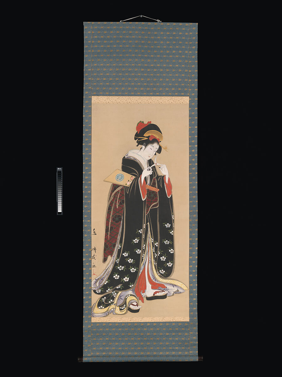Woman with Battledore and Shuttlecock, Torii Kiyotomo (Japanese, active early 19th century), Hanging scroll; ink, color and gold on paper, Japan
