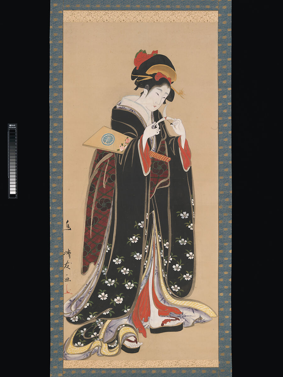 Woman with Battledore and Shuttlecock, Torii Kiyotomo (Japanese, active early 19th century), Hanging scroll; ink, color and gold on paper, Japan 