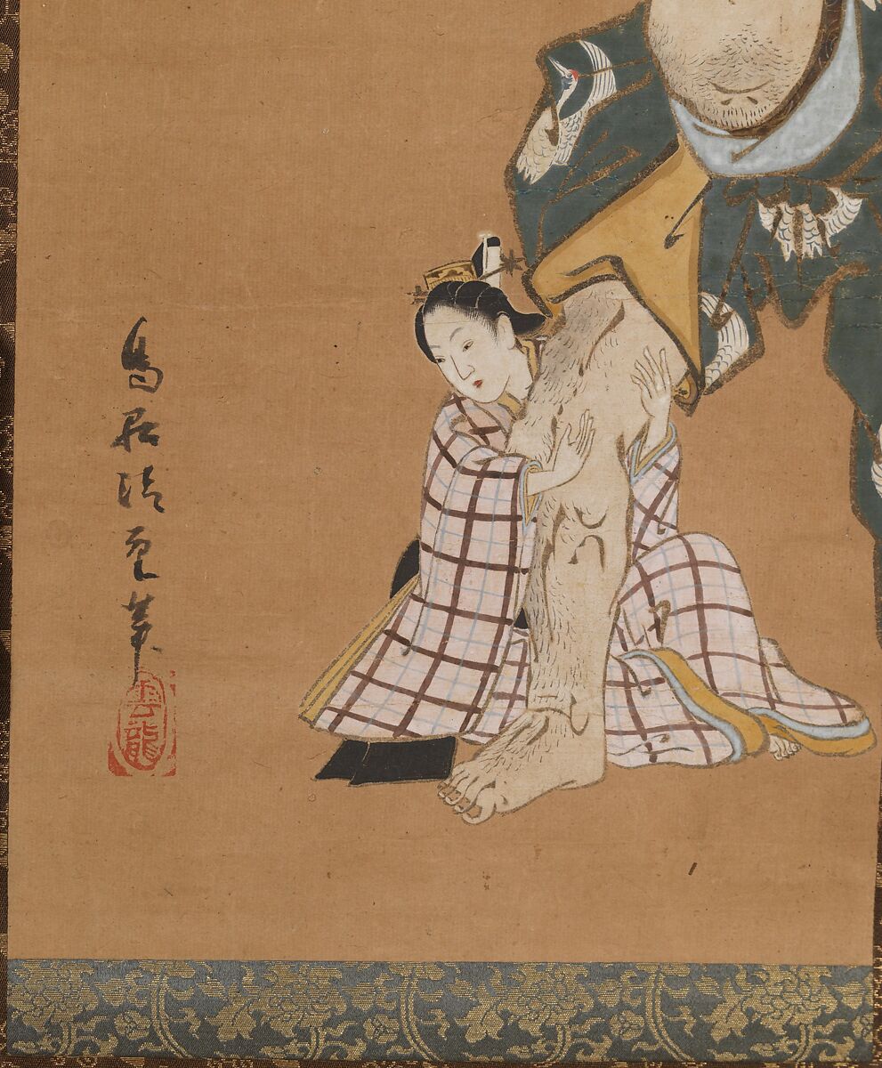 The Warrior Asahina Yoshihide Lifting a Puppet of a Courtesan on a Go Board, Torii Kiyoshige (Japanese, active ca. 1716–1759), Hanging scroll; ink, color and gold on paper, Japan