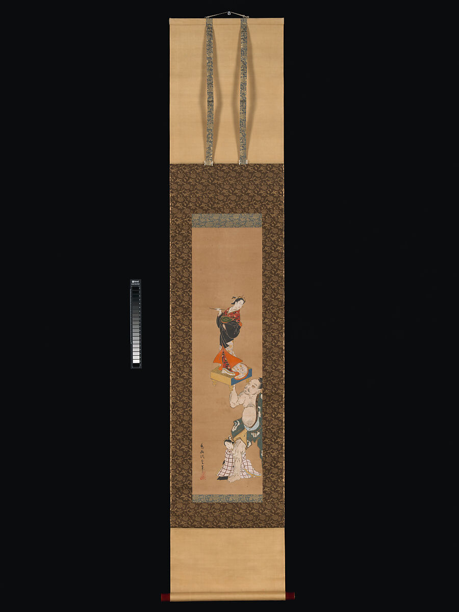 The Warrior Asahina Yoshihide Lifting a Puppet of a Courtesan on a Go Board, Torii Kiyoshige (Japanese, active ca. 1716–1759), Hanging scroll; ink, color and gold on paper, Japan