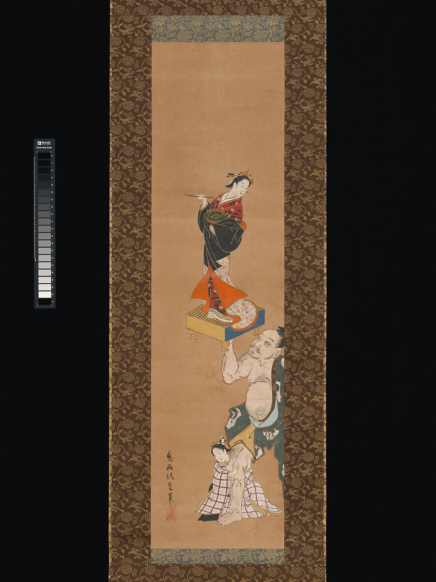 The Warrior Asahina Yoshihide Lifting a Puppet of a Courtesan on a Go Board, Torii Kiyoshige (Japanese, active ca. 1716–1759), Hanging scroll; ink, color and gold on paper, Japan 