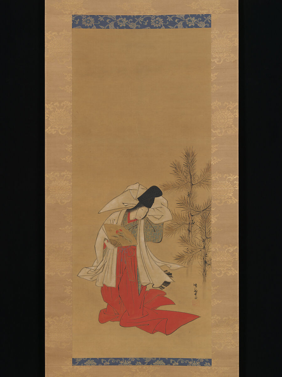Courtesan-Dancer (Shirabyōshi) for the New Year, Isoda Koryūsai (Japanese, 1735–ca. 1790), Hanging scroll; ink and color on silk, Japan 
