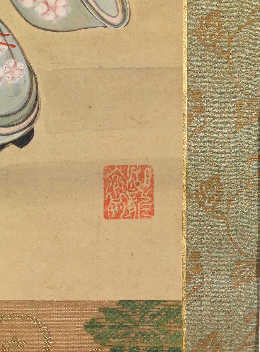 Courtesan and  Two Attendants on New Year's Day, Isoda Koryūsai (Japanese, 1735–1790), Hanging scroll; ink, color and gold on paper, Japan