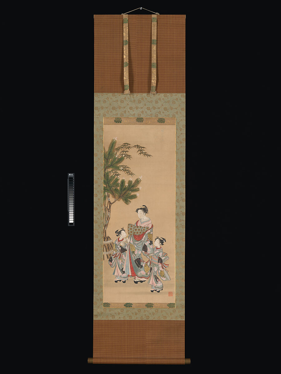 Courtesan and  Two Attendants on New Year's Day, Isoda Koryūsai (Japanese, 1735–1790), Hanging scroll; ink, color and gold on paper, Japan