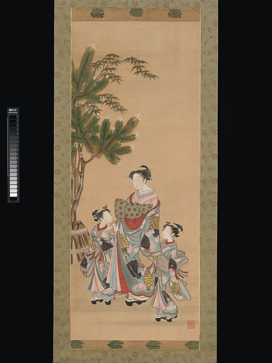 Courtesan and  Two Attendants on New Year's Day, Isoda Koryūsai (Japanese, 1735–ca. 1790), Hanging scroll; ink, color and gold on paper, Japan 