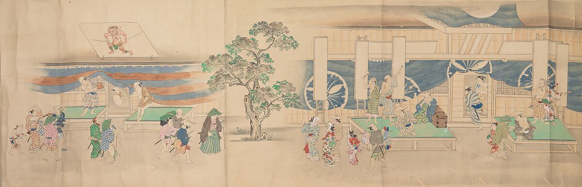 Kabuki Theater, Nonoyama Kōzan (Japanese, 1780–1847), Handscroll; ink, color and gold on paper, Japan 