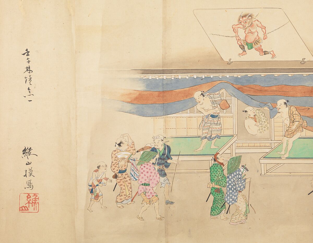 Kabuki Theater, Nonoyama Kōzan (Japanese, 1780–1847), Handscroll; ink, color and gold on paper, Japan