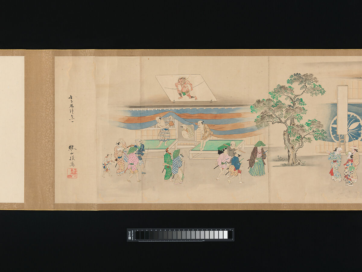 Kabuki Theater, Nonoyama Kōzan (Japanese, 1780–1847), Handscroll; ink, color and gold on paper, Japan