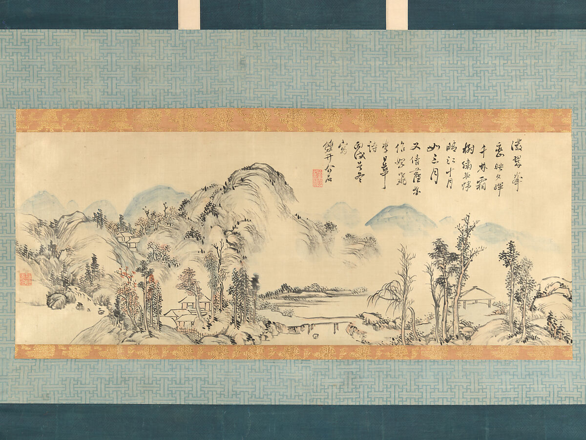 Green Peaks, Noro Kaiseki (Japanese, 1747–1828), Handscroll section mounted as a hanging scroll; ink and color on silk, Japan 