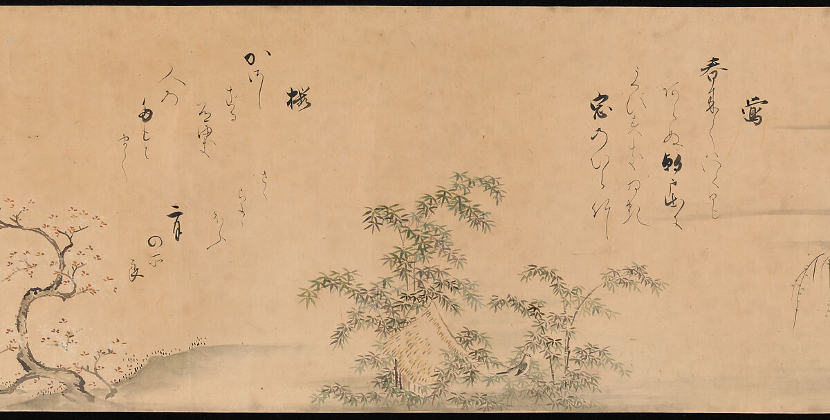 Fujiwara no Teika’s “Poems on Flowers and Birds of the Twelve Months”, Handscroll; ink and color on paper, Japan