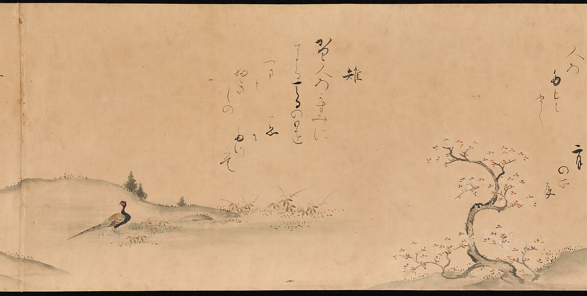 Fujiwara no Teika’s “Poems on Flowers and Birds of the Twelve Months”, Handscroll; ink and color on paper, Japan