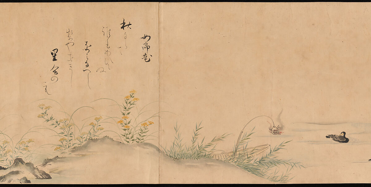 Fujiwara no Teika’s “Poems on Flowers and Birds of the Twelve Months”, Handscroll; ink and color on paper, Japan