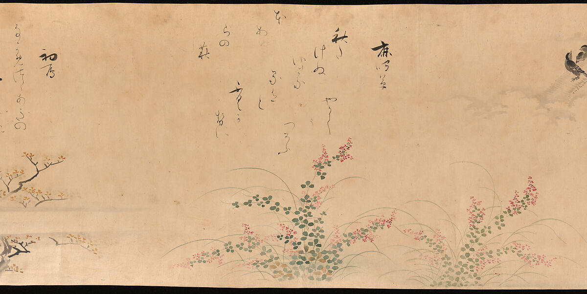 Fujiwara no Teika’s “Poems on Flowers and Birds of the Twelve Months”, Handscroll; ink and color on paper, Japan
