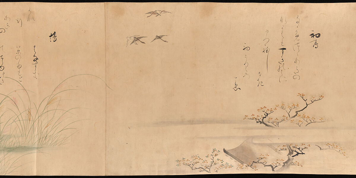 Fujiwara no Teika’s “Poems on Flowers and Birds of the Twelve Months”, Handscroll; ink and color on paper, Japan