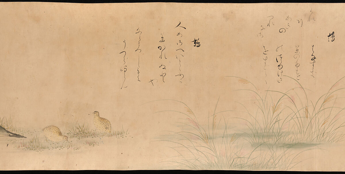 Fujiwara no Teika’s “Poems on Flowers and Birds of the Twelve Months”, Handscroll; ink and color on paper, Japan
