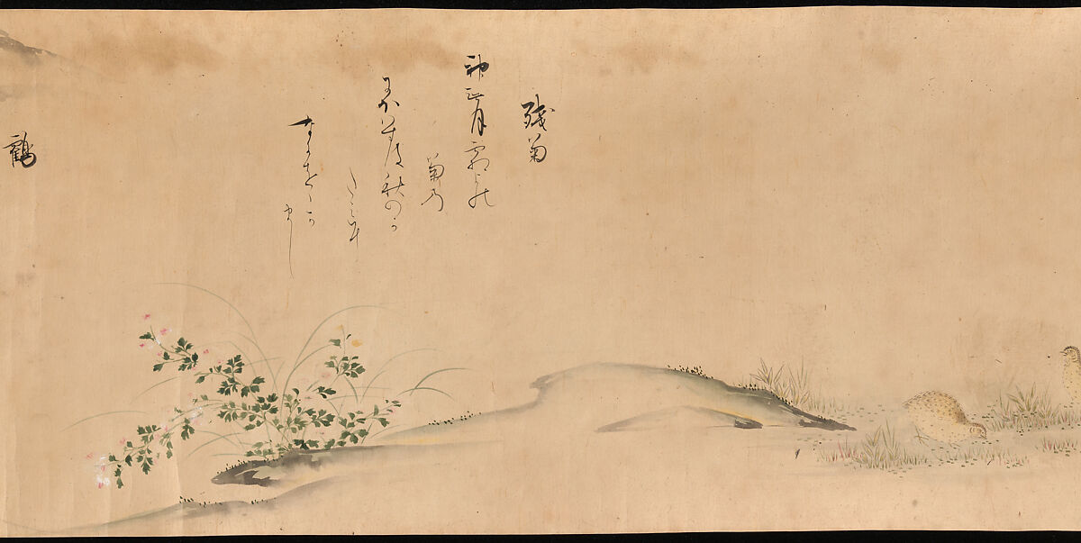 Fujiwara no Teika’s “Poems on Flowers and Birds of the Twelve Months”, Handscroll; ink and color on paper, Japan