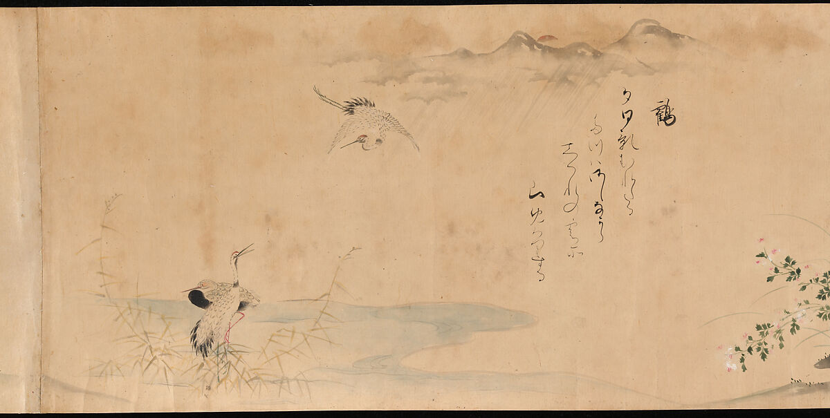 Fujiwara no Teika’s “Poems on Flowers and Birds of the Twelve Months”, Handscroll; ink and color on paper, Japan