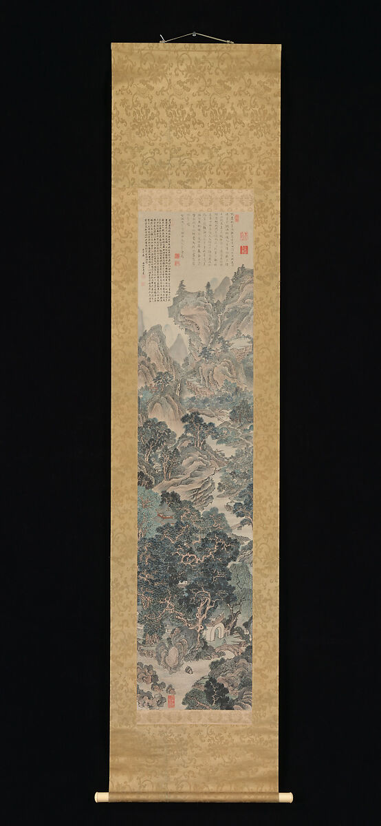 Landscape in the Blue-and-Green Manner, Yanagisawa Kien (Japanese, 1703–1758), Hanging scroll; ink and color on paper, Japan