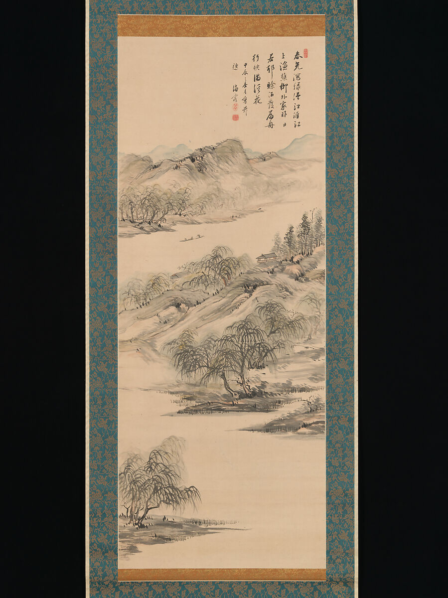 Spring Landscape, Nukina Kaioku (Japanese, 1778–1863), Hanging scroll; ink and color on paper, Japan 