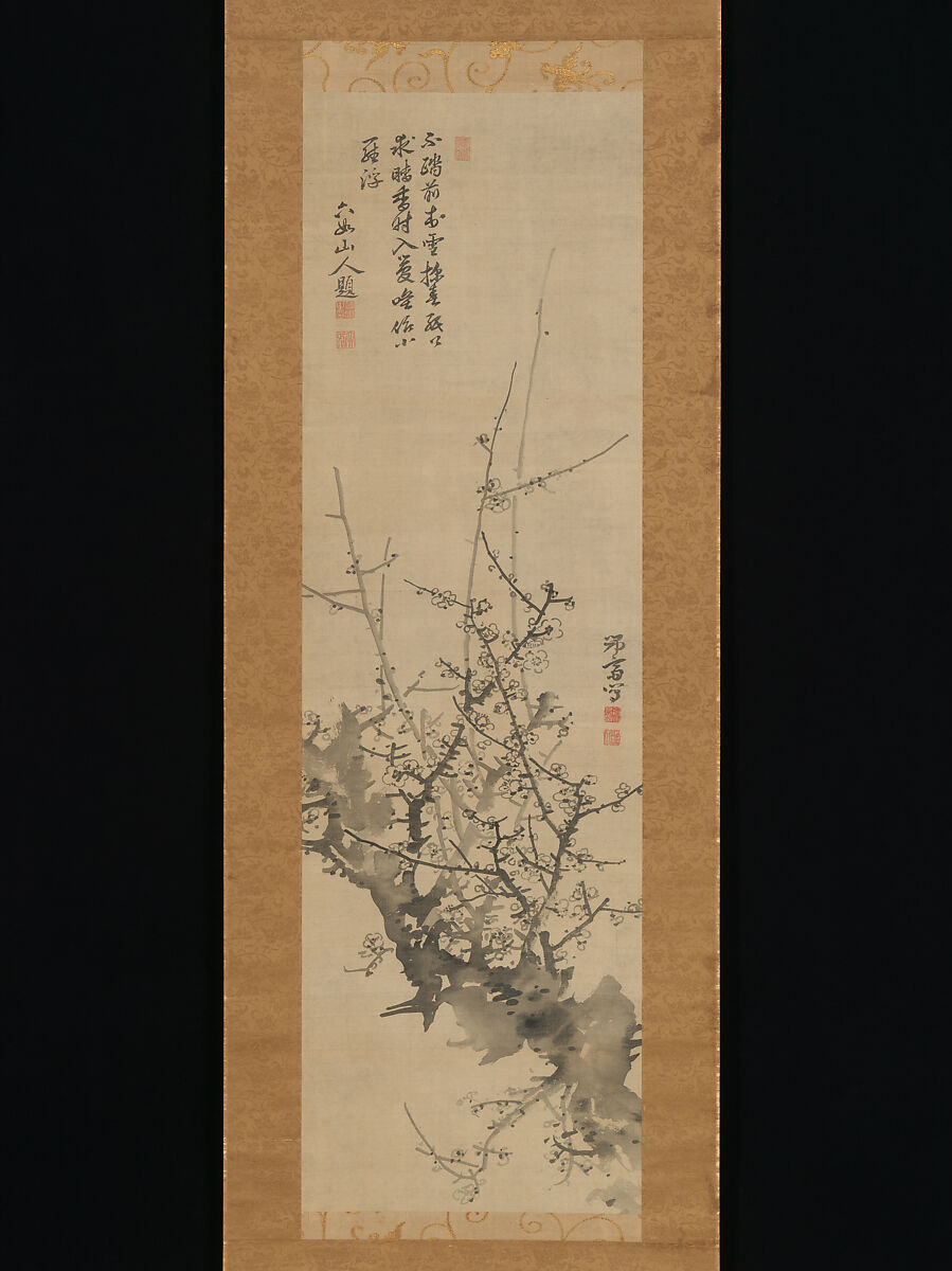 Plum Blossoms, Minagawa Kien (Japanese, 1734–1807), Hanging scroll; ink on paper, Japan 