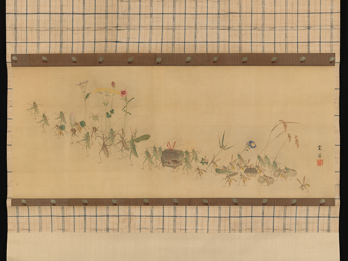 Procession of Insects, Nishiyama Kan&#39;ei (Japanese, 1834–1897), Hanging scroll; ink and color on silk, Japan 