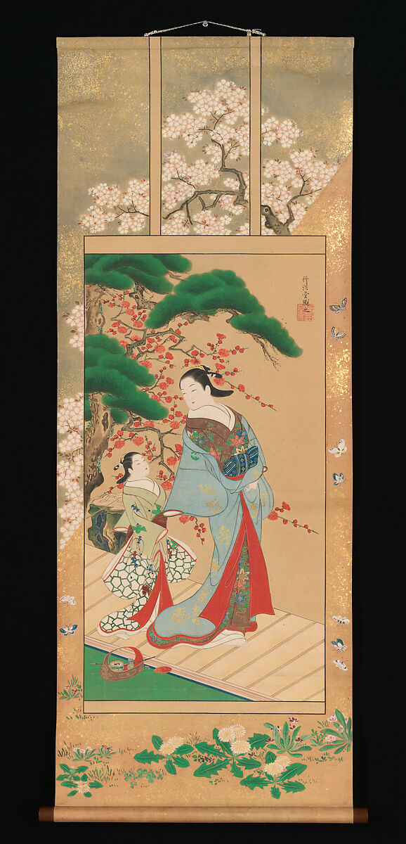 Courtesan and Attendant in Early Spring, Kakondō (Japanese, active 1716–36), Hanging scroll; ink, color and gold on paper, Japan