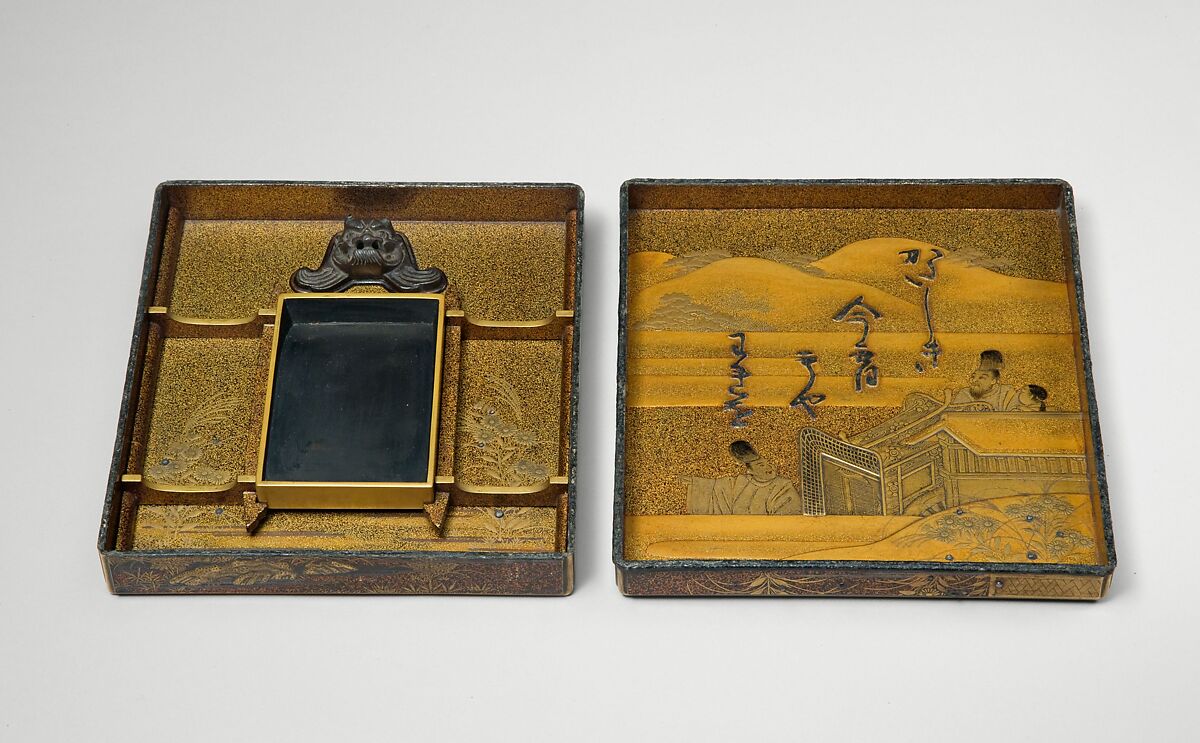 Writing Box (Suzuribako) with “The Lady of the Bridge” Design, Lacquered wood with gold and silver takamaki-e and hiramaki-e, and silver inlay on gold nashiji (“pear-skin”) ground, Japan