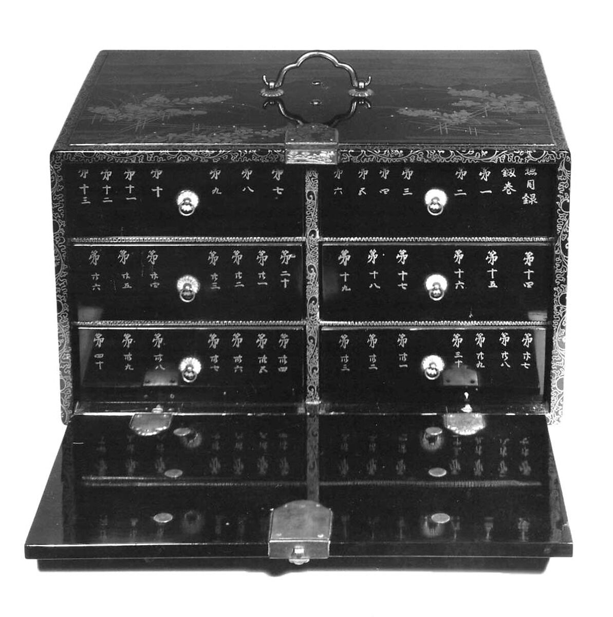 Book Cabinet (Shodansu) for a set of "The Chronicle of Great Peace" (Taiheiki), Lacquered wood with gold togidashimaki-e, hiramaki-e, and silver inlay; gilt bronze fittings, Japan