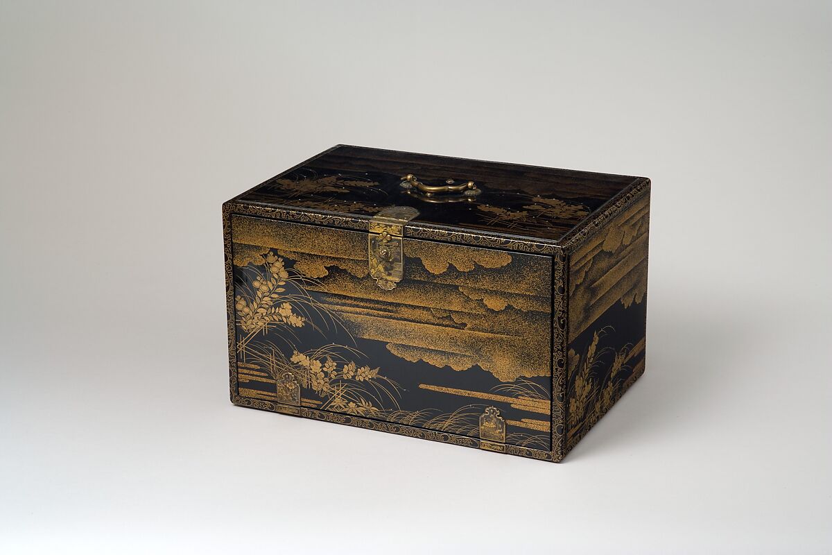 Book Cabinet (Shodansu) for a set of "The Chronicle of Great Peace" (Taiheiki), Lacquered wood with gold togidashimaki-e, hiramaki-e, and silver inlay; gilt bronze fittings, Japan 