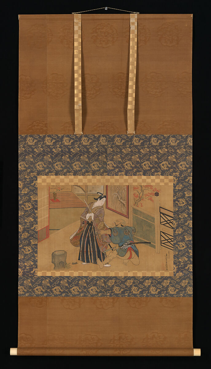 Kabuki Play Kusazuribiki from the Tales of Soga (Soga 
monogatari), Okumura Masanobu (Japanese, 1686–1764), Hanging scroll; ink and color on silk, Japan
