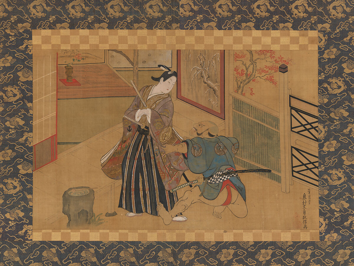 Kabuki Play Kusazuribiki from the Tales of Soga (Soga 
monogatari), Okumura Masanobu (Japanese, 1686–1764), Hanging scroll; ink and color on silk, Japan 