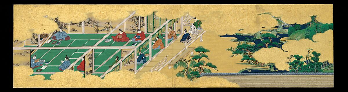 “A Branch of Sacred Evergreen” (Sakaki), from the Phantom Genji Scrolls (Maboroshi no Genji monogatari emaki), Handscroll section mounted on 
board; ink, color and gold on paper, Japan