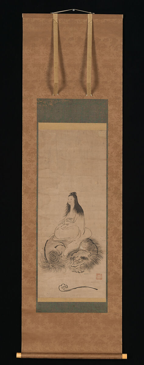 Monju on a Lion, Shūsei (Japanese, active late 15th century), Hanging scroll; ink on paper, Japan