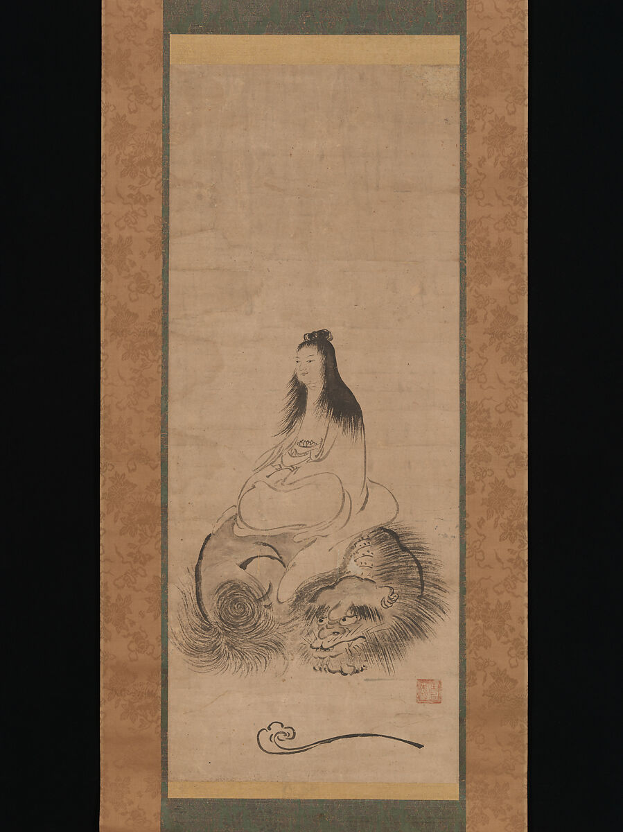 Monju on a Lion, Shūsei (Japanese, active late 15th century), Hanging scroll; ink on paper, Japan 