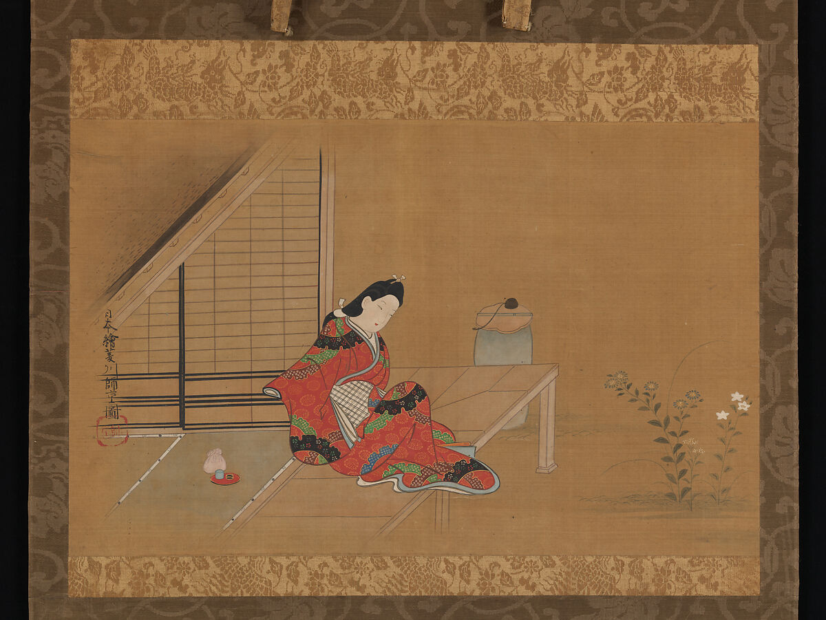 Young Woman on a Veranda, Furuyama Moroshige (Japanese, active second half of the 17th century), Hanging scroll; ink and color on silk, Japan 