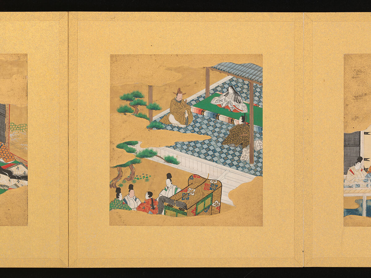 Scenes from The Tale of Genji, Tosa School, Pair of albums (accordion fold) with 
54 illustrations; ink, color and gold on paper, Japan