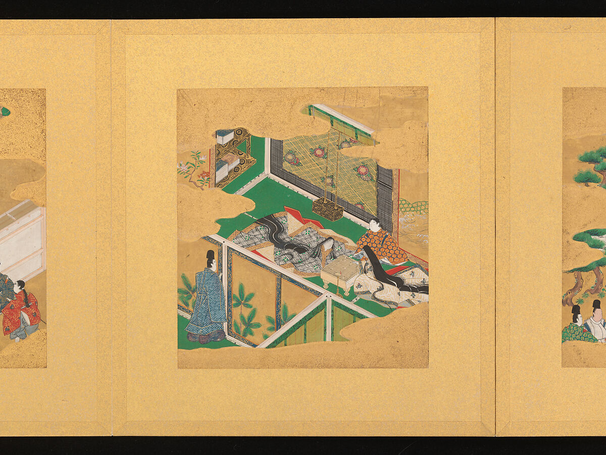 Scenes from The Tale of Genji, Tosa School, Pair of albums (accordion fold) with 
54 illustrations; ink, color and gold on paper, Japan