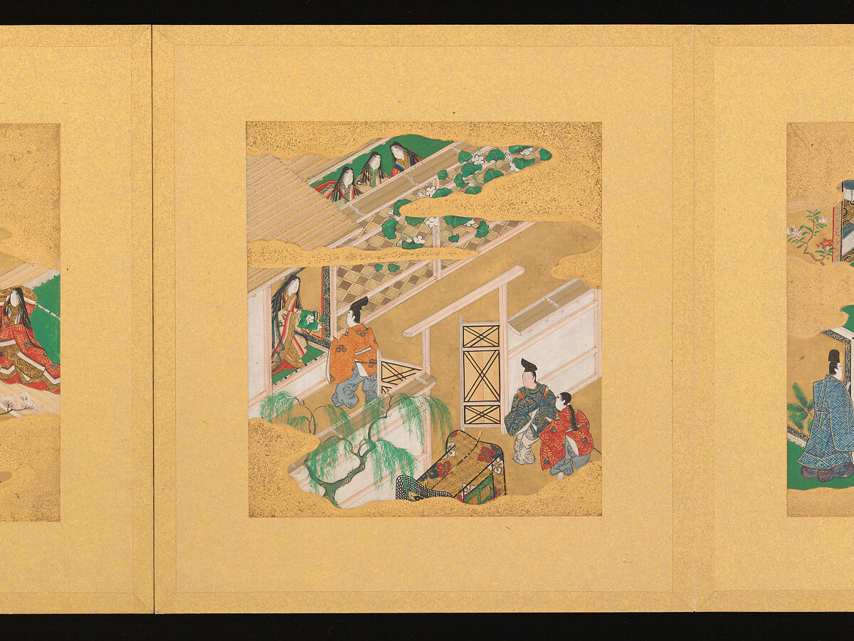 Scenes from The Tale of Genji, Tosa School, Pair of albums (accordion fold) with 
54 illustrations; ink, color and gold on paper, Japan