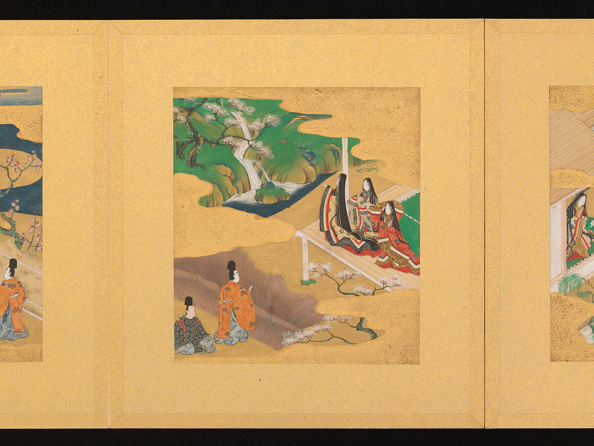 Scenes from The Tale of Genji, Tosa School, Pair of albums (accordion fold) with 
54 illustrations; ink, color and gold on paper, Japan