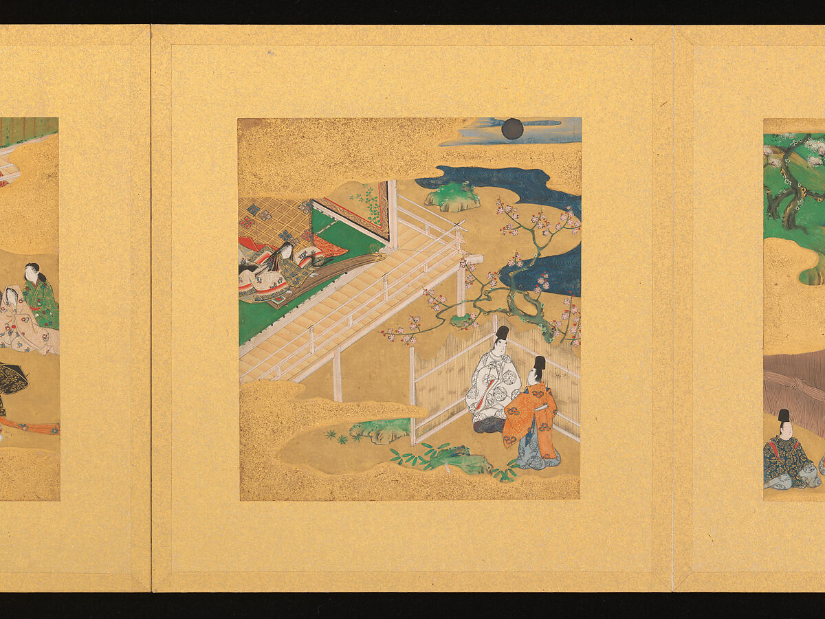 Scenes from The Tale of Genji, Tosa School, Pair of albums (accordion fold) with 
54 illustrations; ink, color and gold on paper, Japan